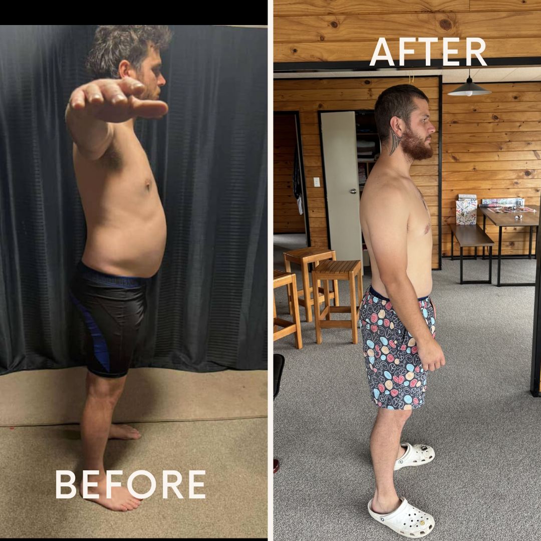Client before and after body transformation photo, side profile