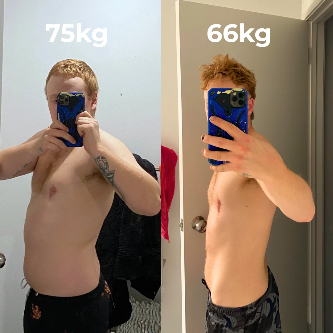 Client before and after transformation, 75kg to 66kg
