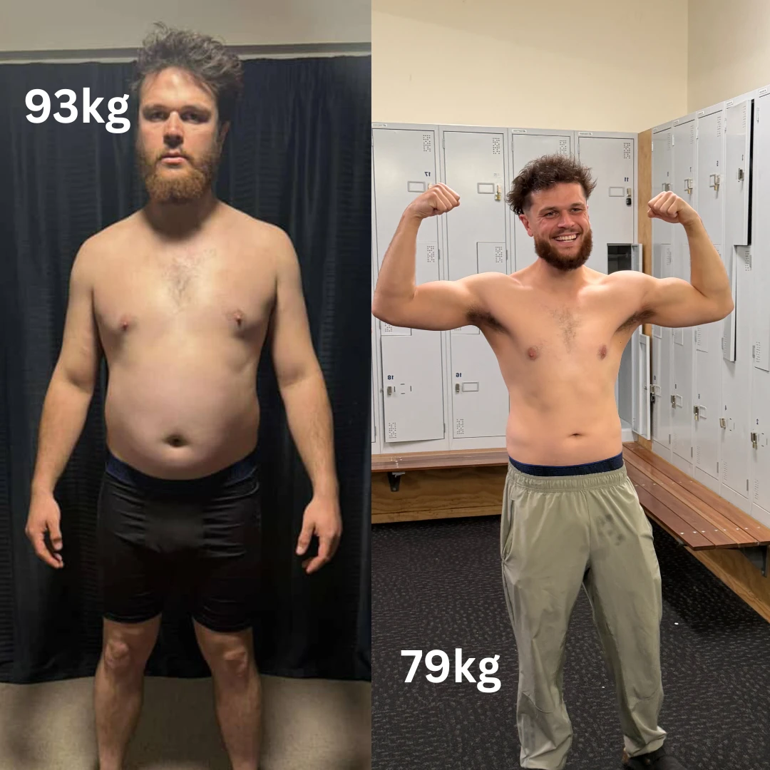 Client before and after transformation, front view, 93kg to 79kg