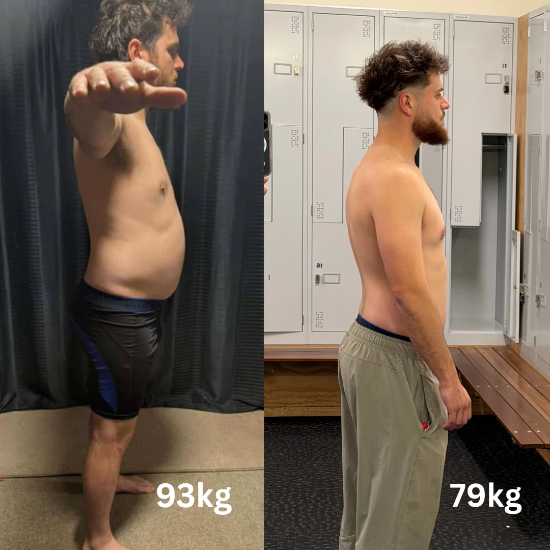 Client before and after transformation, side profile, 93kg to 79kg